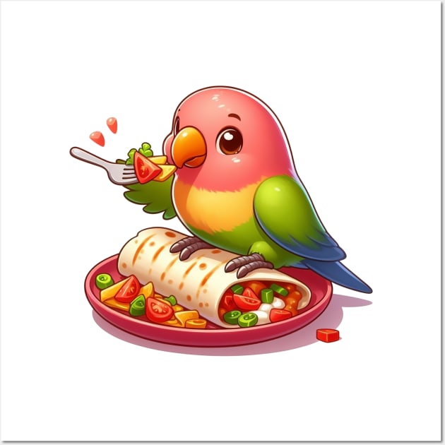 cute love birds are eating Mexican specialties, Tacos, Burritos, Enchiladas, Quesadillas, Guacamole, Fajitas, Chiles Rellenos, Tamales, Mole, Chilaquiles, Wall Art by art poo